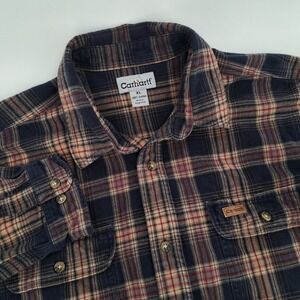 Carhartt S198 NVY Flannel Shirt Men XL Cotton Navy Blue Plaid Long Sleeve Button